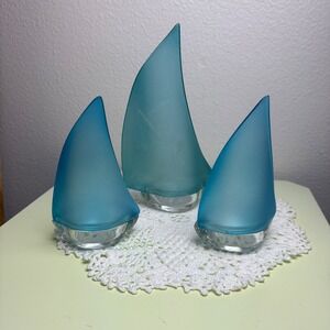 Design Ideas 3 Regatta Sailboat Votive Holders Blue Frosted Glass Nautical Decor